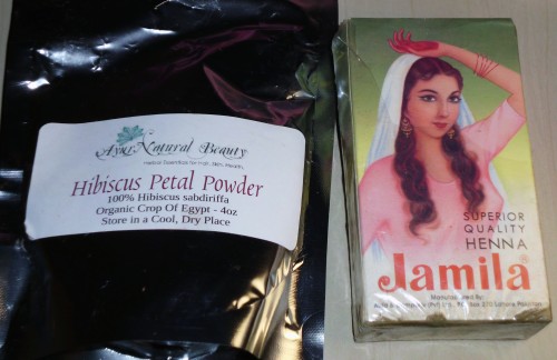 hibiscus and jamila henna used to strengthen and color hair
